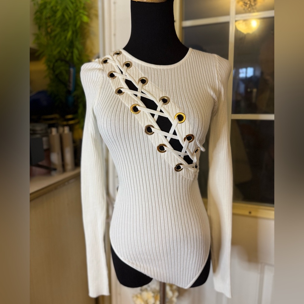 Hera Collection White Lace-Up Ribbed bodysuit